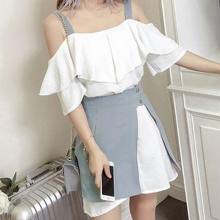Set: Off-shoulder Elbow-sleeve Dress + Asymmetric Mini Skirt