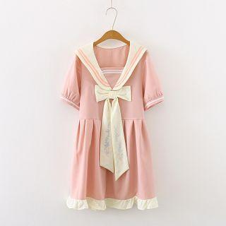 Bow Accent Short-sleeve Mini Collared Dress Pink - One Size
