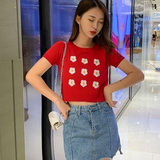 Short-sleeve Flower Jacquard Cropped Knit Top