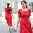 Puff-sleeve Plaid Long Dress