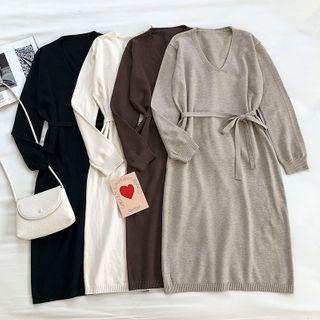 Plain V-neck Lace-up Dress