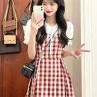 Puff-sleeve Blouse / Gingham Check Overall Dress (various Designs)