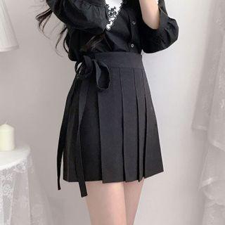 Tie-waist Mini A-line Pleated Skirt