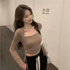Long-sleeve Square-neck Drawstring Fitted Crop Top