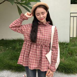 Long-sleeve Plaid Ruffled Top