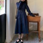 Long-sleeve Denim Midi A-line Dress Dark Blue - One Size