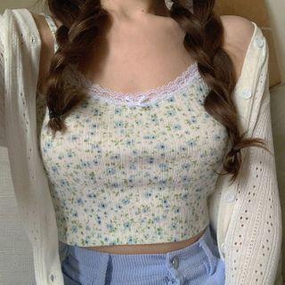 Floral Print Cropped Camisole Top / Pointelle Knit Cardigan