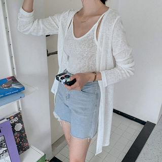 Set: Open-front Long Rib-knit Cardigan + Camisole Top