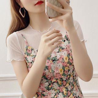 Short-sleeve Frill Trim Mesh Top