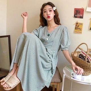 Checked Cut-out Elbow-sleeve Midi A-line Dress