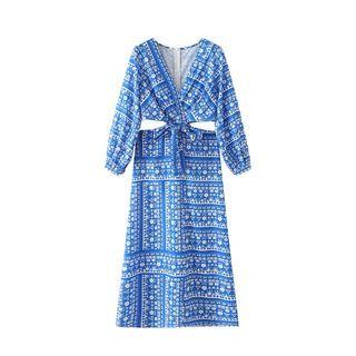Long-sleeve V-neck Print Cutout Midi A-line Dress