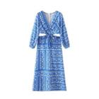 Long-sleeve V-neck Print Cutout Midi A-line Dress