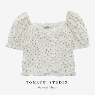 Square-neck Floral Ruffle Lace Crop Blouse