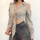 Cold-shoulder Crop Plaid Shirt