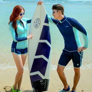 Couple Matching Color Block Long-sleeve Rashguard Jacket / Swim Pants / Swim Pants / Tankini / Set