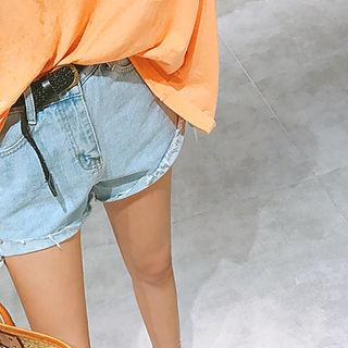 Fray-hem Washed Denim Shorts With Belt