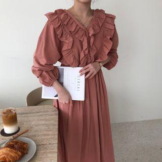 Long-sleeve Ruffle Midi A-line Dress Brick Red - One Size