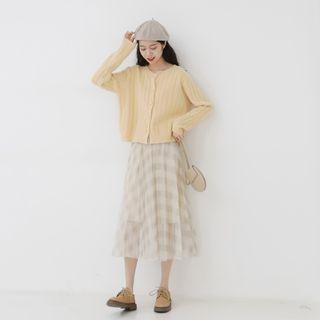 Ribbed Cardigan / Plaid Overlay Skirt