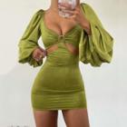 Plain Puff-sleeve Cut-out Bodycon Mini Dress