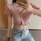 Short-sleeve Ruffle Trim Button-up Knit Crop Top