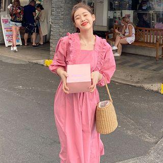 Elbow-sleeve Frill Trim Midi Dress Pink - One Size