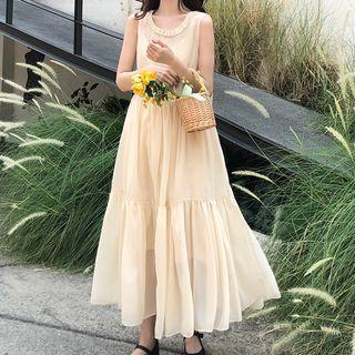 Set: Ruffle Trim Sleeveless Midi A-line Dress + Slipdress As Shown In Figure - One Size