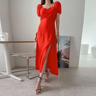 Sweetheart Shirred Deep-slit Long Dress