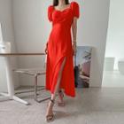 Sweetheart Shirred Deep-slit Long Dress