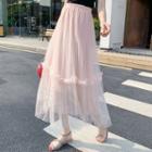 Embellished Mesh Overlay A-line Midi Skirt