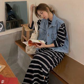 3/4-sleeve Striped Slit Midi T-shirt Dress Stripe - Black & White - One Size
