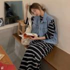 3/4-sleeve Striped Slit Midi T-shirt Dress Stripe - Black & White - One Size