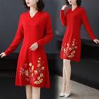 Long-sleeve Embroidered A-line Knit Dress