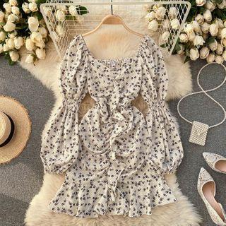 Long-sleeve Floral Print Ruched Mini Mermaid Dress