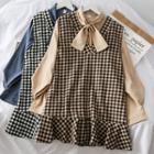 Set: Ribbon-neckline Plain Shirt + Checker Mini Dress