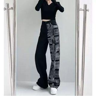 High Waist Print Panel Loose Fit Jeans