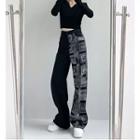 High Waist Print Panel Loose Fit Jeans