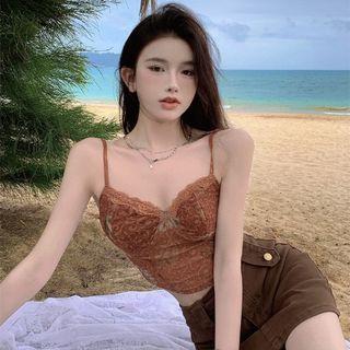 V-neck Lace Crop Camisole Top Brown - One Size