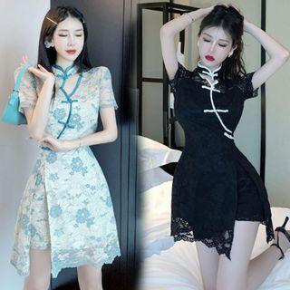 Set: Short-sleeve Floral Lace Qipao + Shorts
