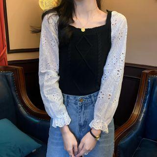 Puff-sleeve Eyelet Lace Panel Cable Knit Top