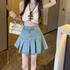 High Waist Denim Mini Pleated Skirt