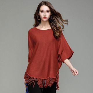 Elbow-sleeve Fringed Knit Top