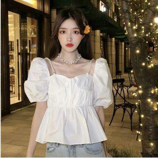 Puff-sleeve Square Neck Peplum Blouse White - One Size