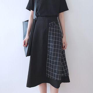 High Waist Plaid Panel A-line Skirt