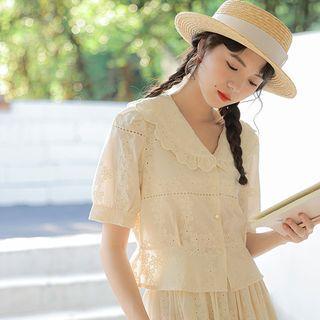 Puff-sleeve Ruffle Trim Eyelet Lace Blouse