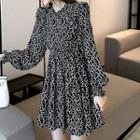 Long-sleeve Lettuce Edge Elastic Waist Floral Dress