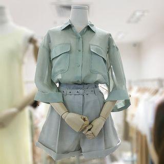 Set: Elbow-sleeve Chiffon Top + Belted Shorts