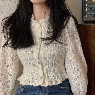 Puff Sleeve Lace Cropped Smocked Top