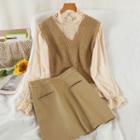 Set: Mock-neck Lace Panel Blouse + Sweater Vest + A-line Skirt