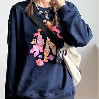 Cartoon Print Sweatshirt Navy Blue - One Size
