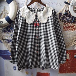 Long-sleeve Plaid Eyelet Lace Collar Shirt